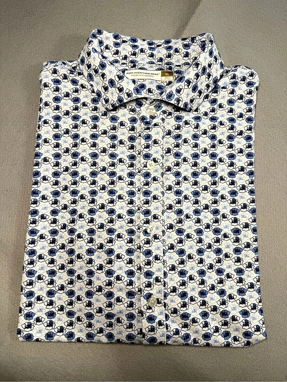 Hart Schaffner Marx Luxury Performance Blue Floral Print Short Sleeve Shirt XL
